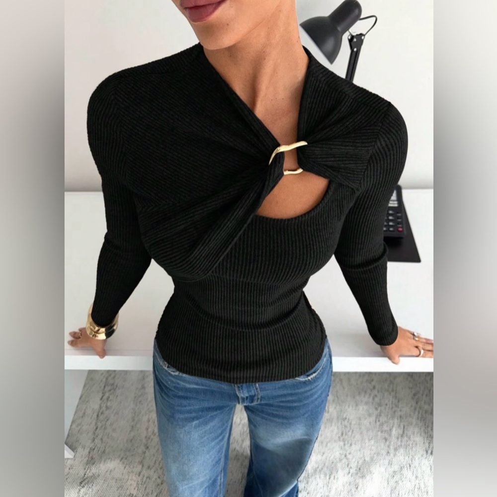 Women's Black Off-Shoulder Asymmetrical Metal Buckle Shirt - Small - BNIB